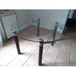 Belle table en verre - Mobilier de France - rectangulaire, extensible devient ronde avec rallonges - Occasion