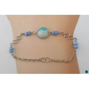Bracelet Dima Perles Verre Murano Bleu Et Blanc Oeil De Chat Bleu Argent D'Alpaca Artisanat Du P&eacute;rou - Occasion