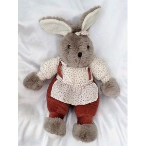 Doudou Peluche Lapin Gris Tablier Fleurs Pantalon Marron Jemini 40 Cm - Occasion