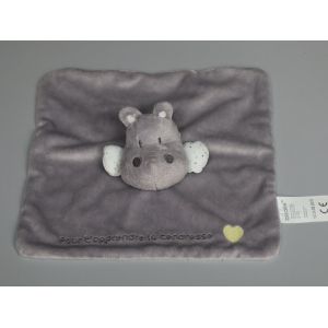 Doudou hippopotame plat Oba&iuml;bi Tendresse gris blanc pois - Occasion