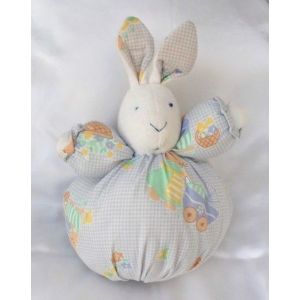 Doudou Peluche Lapin Boule Blanc Vichy Bleu Motif Landau Fleur Baby Love - Occasion