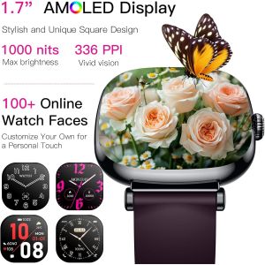 Marsyu 2025 Montre Intelligente Pour Femme 1.7" Amoled Carrée Avec Fonction D'appel, Fréquence Cardiaque 24 Heures, Moniteur De Stress/Spo2/Sommeil, Plus De 100 Modes Sportifs, Montre De Sport Ip68 Violet - Occasion