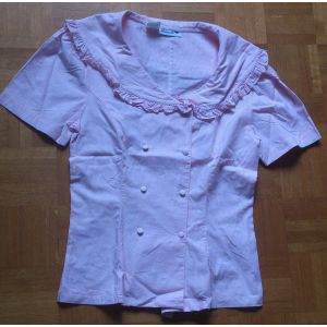 Chemisier Femme Antonelle T.1 Manches Courtes Coton Rayé Rose Et Blanc Large Col Croisé En V - Occasion