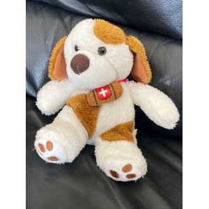 Doudou peluche chien saint Bernard blanc et marron tonneau croix suisse assis vintage 20cm - Occasion