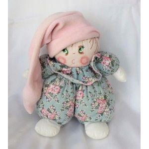 Doudou Poup&eacute;e Lutin Vintage Chiffon Bleu Fleurs Et Bonnet Rose Grelot Nounours - Occasion