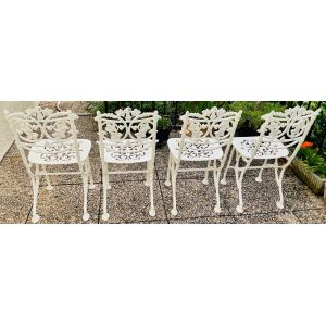 Lot Pi&egrave;tement Table Jardin Et Chaises (4) Fonte Alu. Blanc Motif Lierre + Plateau Marbre Poli Glacis Bleu Baltique + Parasol Forain Toile Orange/Vert M&acirc;t M&eacute;tal + M&acirc;t M&eacute;tal Pied 3 Branches (Noirs) - Occasion