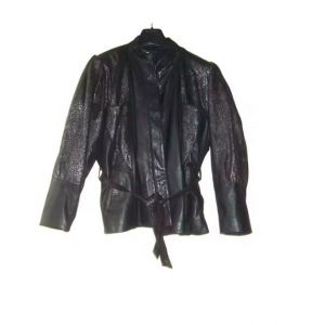 Grand Blouson Cuir Veste Noir Dame Nacre Mouchete Argente Brillant Ceinture Zip Peau Agneau Plonge Fantaisie Feminin Scintillant Souple Elegant Qualite Chic Taille 38/40 Femme - Occasion