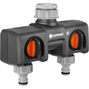 ERSAN-Distributeur 2 voies GARDENA : possibilit&eacute; de raccorder 2 appareils au robinet, convient pour les programmateurs et minuteries d'arrosage de GARDENA, d&eacute;bit d'eau r&eacute;glable et verrouillable (8193 - Occasion