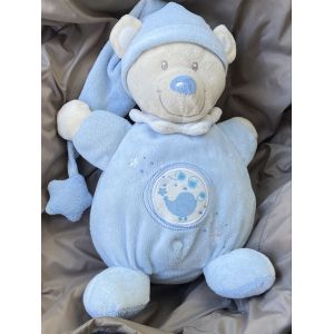 doudou peluche ours long bonnet bleu étoile oiseau assis NICOTOY 25cm - Occasion