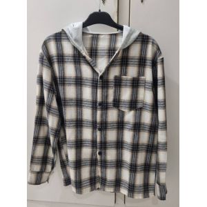 Chemise &Agrave; Carreaux Beige Et Noir Avec Capuche Grise Taille 14ans - Occasion