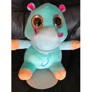 Doudou Peluche Hippopotame Bleu Gros Yeux Oreilles Rose , Plume Bleu , Fizzy 22cm - Occasion