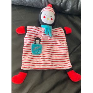 Doudou Pingouin Plat Rayé Rouge Blanc Coucou Coapins MOTS D’ENFANTS 34cm - Occasion