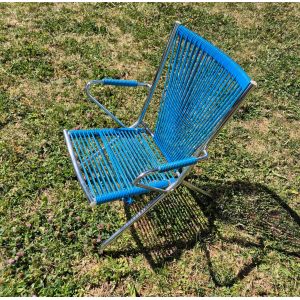 Chaise Scoubidou Enfant Vintage Structure Métal Chromé Et Assise Bleue Pliante Année 60/70 - Occasion