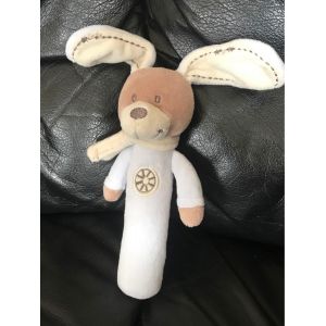 Doudou Hochet Pouet Lapin Bleu Ciel Beige Croix Nicotoy 20cm - Occasion