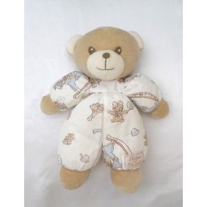 Doudou Peluche Ours Marron Corps Tissu Motifs Ourson Coeur Grelot Tartine Et Chocolat - Occasion