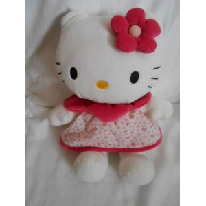 Hello Kitty Robe Fleur Rose Peluche Jemini Sanrio Chat Doudou Nez Jaune Col Rose Fushia 30cm - Occasion