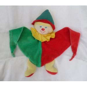 Doudou Plat Clown Lutin Arlequin Rouge Vert Collerette Jaune Vintage Grelot Nounours - Occasion