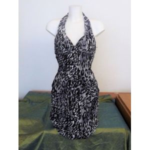 Robe Dos Nu Panthère Gris Et Blanc Et Liens À Nouer Au Cou-Neuf- Blanc Nature - Occasion