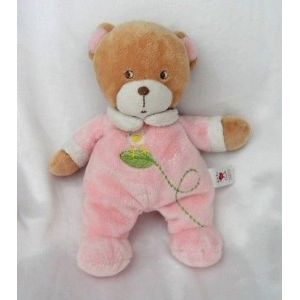 Doudou Peluche Ours Marron Et Rose Oiseau Fleur Col Blanc Baby Club - Occasion