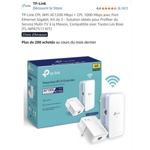 TP-Link CPL WiFi AC1200 Mbps + CPL 1000 Mbps avec Port Ethernet Gigabit, Kit de 2 - Solution id&eacute;ale pour Profiter du Service Multi-TV &agrave; la Maison, Compatible avec Toutes Les Boxs (TL-WPA7517 KIT) - Occasion