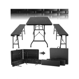 Tectake® Ensemble De Table Pliante Camping Ou De Pique Nique Et 2x Banc De Jardin En Acier Aspect Rotin - Occasion