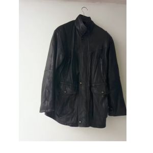Cuir Parca Peau 52 Homme A C Diffusion Veste Parka Cuir Noir Zip Pression Style Biker Motard Homme Peau Blouson Xl Manteau Men&#39;S Black Leather Coat Size 52 - Occasion