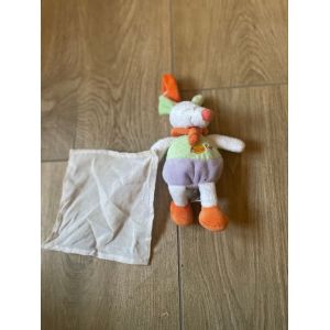 Doudou peluche souris baby nat attache t&eacute;tine mouchoir vert mauve orange blanc - Occasion