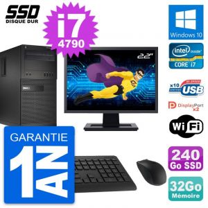 PC Tour Dell XE2 MT Ecran 22" Intel i7-4790 RAM 32Go SSD 240Go Windows 10 Wifi - Occasion