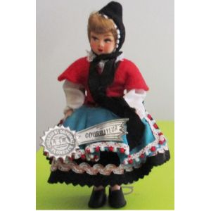 Ancienne poup&eacute;e folklorique de collection- Italie Val d'Aoste Courmayeur- poup&eacute;e Lela de Florence-13cm habill&eacute;e d&iquest;une jupe noire, corsage rouge, tablier vert, bonnet noir et chauss&eacute;e en noir - Occasion
