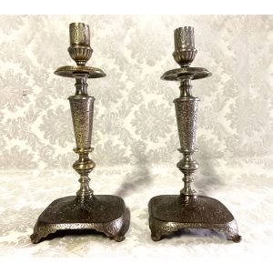 Paire de Bougeoirs Flambeaux Chandeliers Bronze Argenté Déco Atypique - Occasion
