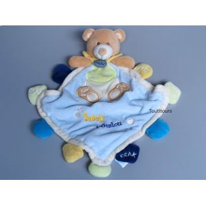 Doudou ours plat Baby Nat bleu beige vert jaune crak Super Doudou - Occasion