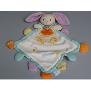 Doudou Lapin Plat Blanc Bleu Orange Mauve Baby Nat - Occasion