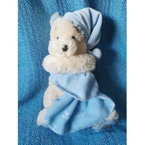 Doudou Peluche Winnie L'ourson Poils Longs Pastel Mouchoir It's A Boy Bonnet Bleu Billes Disney Store Ecusson - Occasion