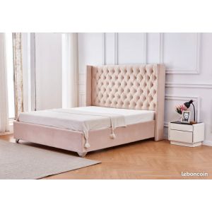 Lit Double 160x200 Cm Princesse Velours Beige Sommier Inclus - Occasion