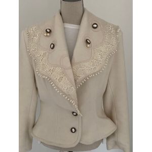 Veste À Basque Taille 40/42 Laine Et Polyamide Écru Col Châle Brodée De Marque - Occasion