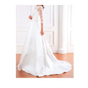 Robe De Mariee Brodee De Dentelle Et Perles Decollete Bustier Tulle Broderie Longue Traine Chapelle Dos Multi Boutons Romantic Jupe Drapee Broderie Doublee Tulle Jupon Style Ceremonie Mariage Blanc - Occasion