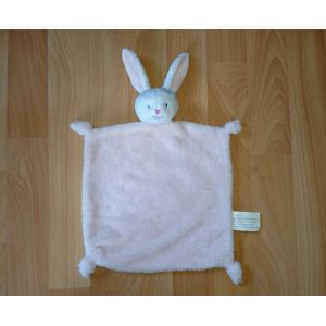 doudou plat kimbaloo lapin blanc &agrave; corps rose p&acirc;le, visage brod&eacute; - Occasion