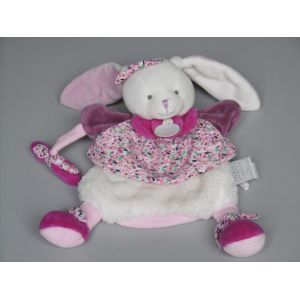 Doudou Et Compagnie Lapin Blanc Rose Mauve Violet Fleurs Cerise Marionnette - Occasion