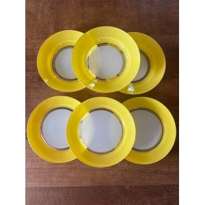 Vintage Lot De 3 Assiettes Plates Et 3 Assiettes Creuses Bicolores Blanches Et Jaunes - Occasion