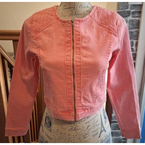 Veste En Jean Zipp&eacute;e Couleur Corail Imprim&eacute;e Et Brod&eacute;e Au Dos - Occasion