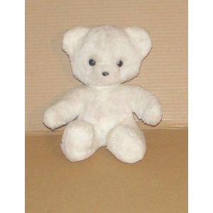 Ours Boulgom Peluche Vintage - Doudou Ourson Blanc Cassé Yeux Et Nez Noir 27 Cm - Occasion