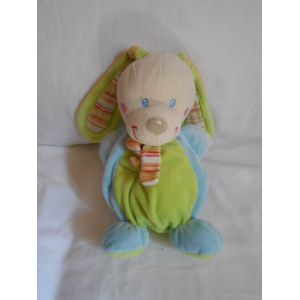Doudou Lapin Chien Vert Bleu Jaune Raye Mots D Enfants Siplec Leclerc Echarpe Boule - Occasion