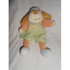 Doudou Chien Kimbaloo La Halle Rayé Orange Vert Pâle Salopette Poche 27 Cm Sans Les Oreilles - Occasion
