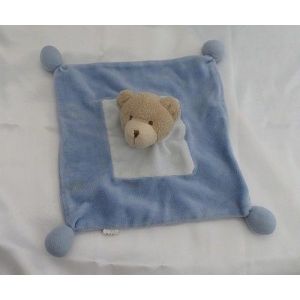 Doudou Peluche Plat Ours Bleu Beige Pompons Sabiluc - Occasion
