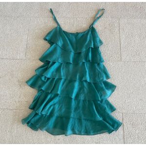 Robe Courte À Bretelles En Soie Verte Volantée T34-36-38 - Occasion