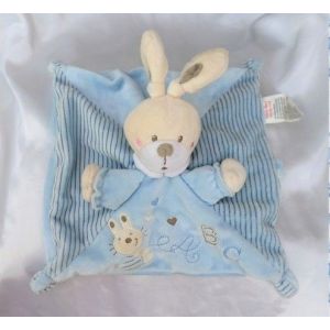 Doudou Plat Carr&eacute; Lapin Blanc Rayures Bleu Abc Attache T&eacute;tine Nicotoy - Occasion