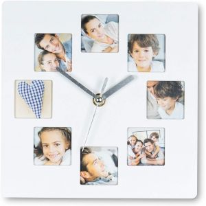 Horloge photo murale blanche 21 x 21 cm - Cadre pour 8 photos Horloge de cuisine - Décoration murale - Occasion