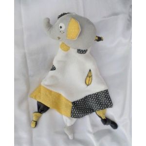 Doudou Peluche Plat El&eacute;phant Babyfan Gris Blanc Jaune Sauthon - Occasion