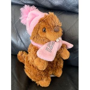Doudou peluche marmotte marron bonnet &eacute;charpe rose saint jean d&iquest;arves 16cm - Occasion