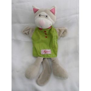 Doudou Plat Marionnette Chat Gris Blanc Vert Pois Jaune Col Rouge Coeur Rose Sigikid - Occasion